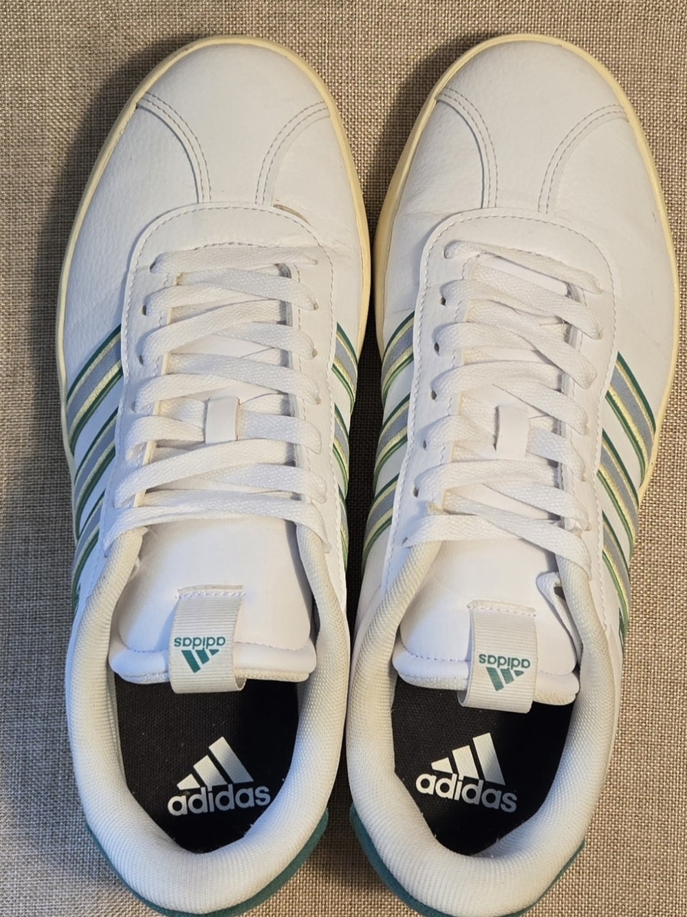 adidas White Sneakers with Green Accent Stripes